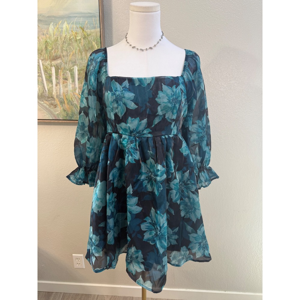 Thirty Thirty Blue Floral Babydoll Mini Dress‎ Large Puff Sleeve Cottagecore